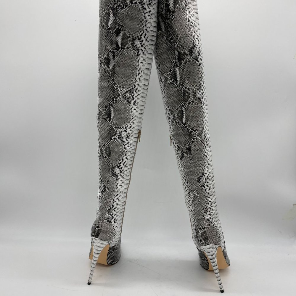 Sliver Python Pointy Toe Stilettos Long Boots Heel - image 6